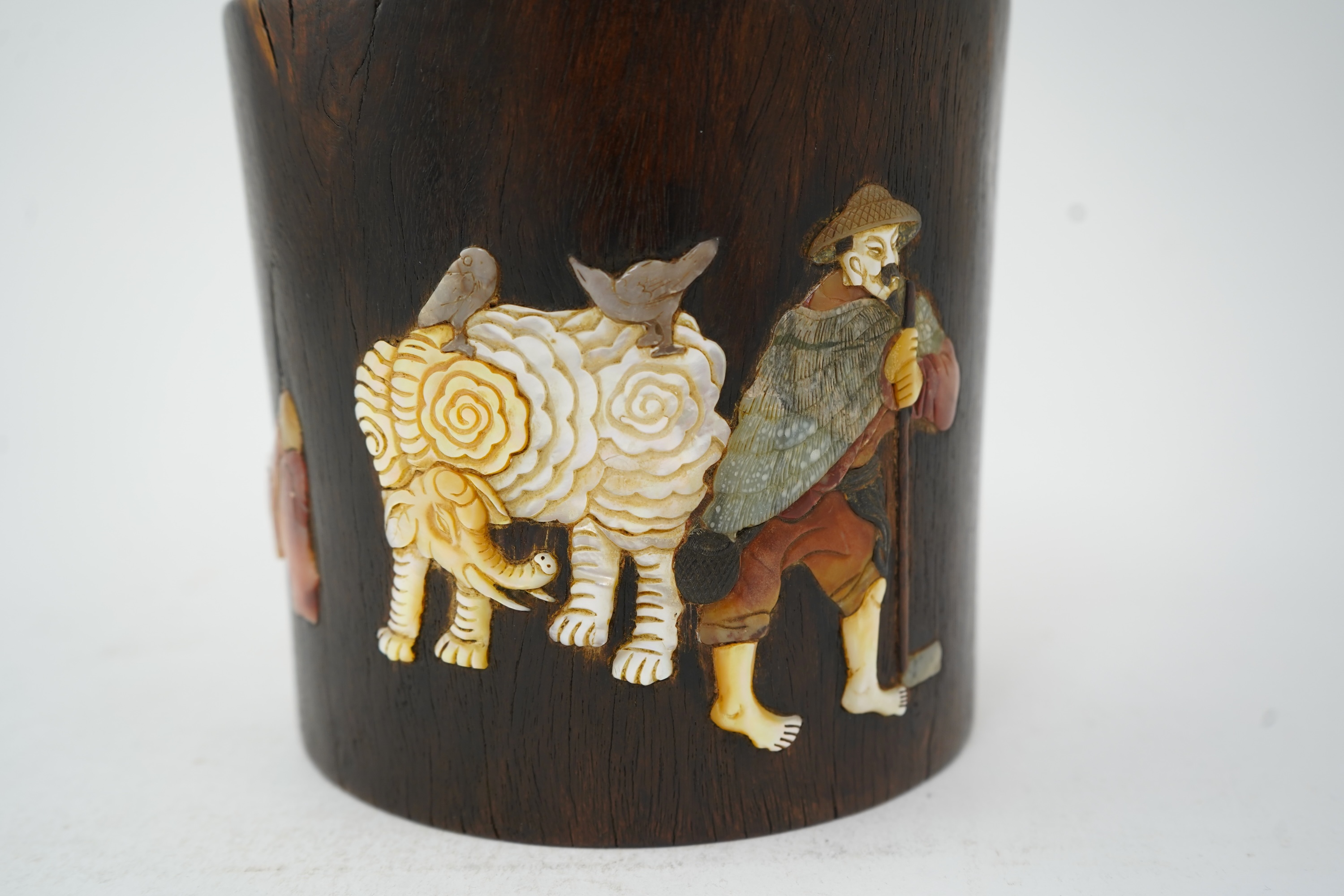 A Chinese soapstone and mother-of-pearl inlaid hardwood brushpot, possibly zitan